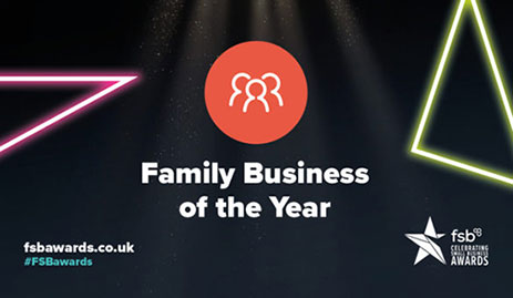 FAMILY BUSINESS OF THE YEAR written in white text on a black background with 2 glowing triangles on either side. Bottom left says fsbawards.co.uk and bottom right says fsb celebration awards.