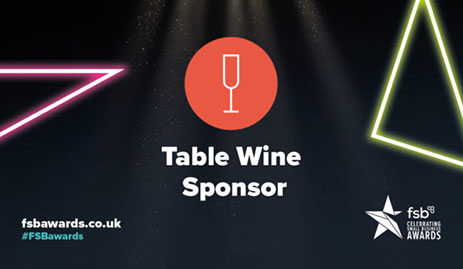 TABLE WINE SPONSOR written in white text on a black background with 2 glowing triangles on either side. Bottom left says fsbawards.co.uk and bottom right says fsb celebration awards.