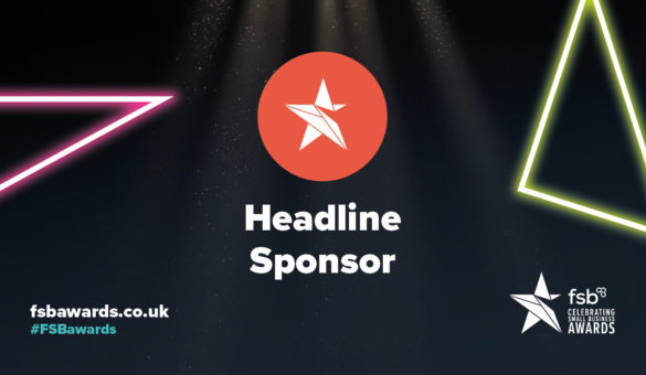 Headline Sponsor written in white text on a black background with 2 glowing triangles on either side. Bottom left says fsbawards.co.uk and bottom right says fsb celebration awards.