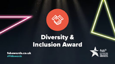 DIVERSITY AND INCLUSION AWARD written in white text on a black background with 2 glowing triangles on either side. Bottom left says fsbawards.co.uk and bottom right says fsb celebration awards.