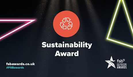 SUSTAINABILITY AWARD written in white text on a black background with 2 glowing triangles on either side. Bottom left says fsbawards.co.uk and bottom right says fsb celebration awards.