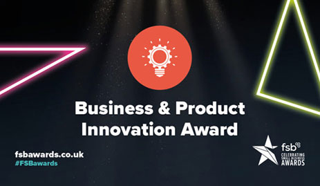 BUSINESS AND PRODUCT INNOVATION written in white text on a black background with 2 glowing triangles on either side. Bottom left says fsbawards.co.uk and bottom right says fsb celebration awards.