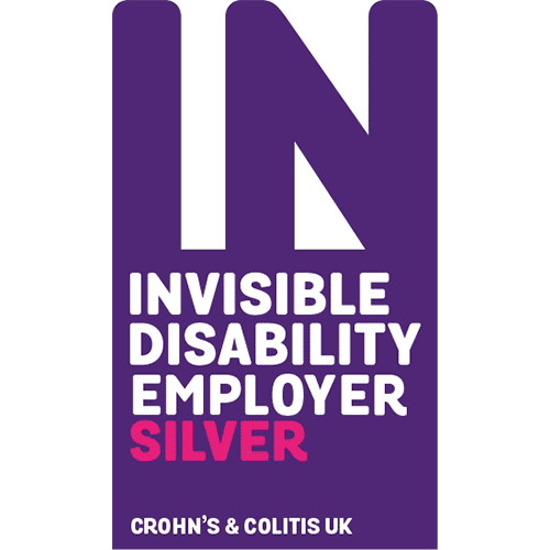 CCUK Pledge Badge - Silver. Invisible disability employer. Large Purple 'IN' background with white text.