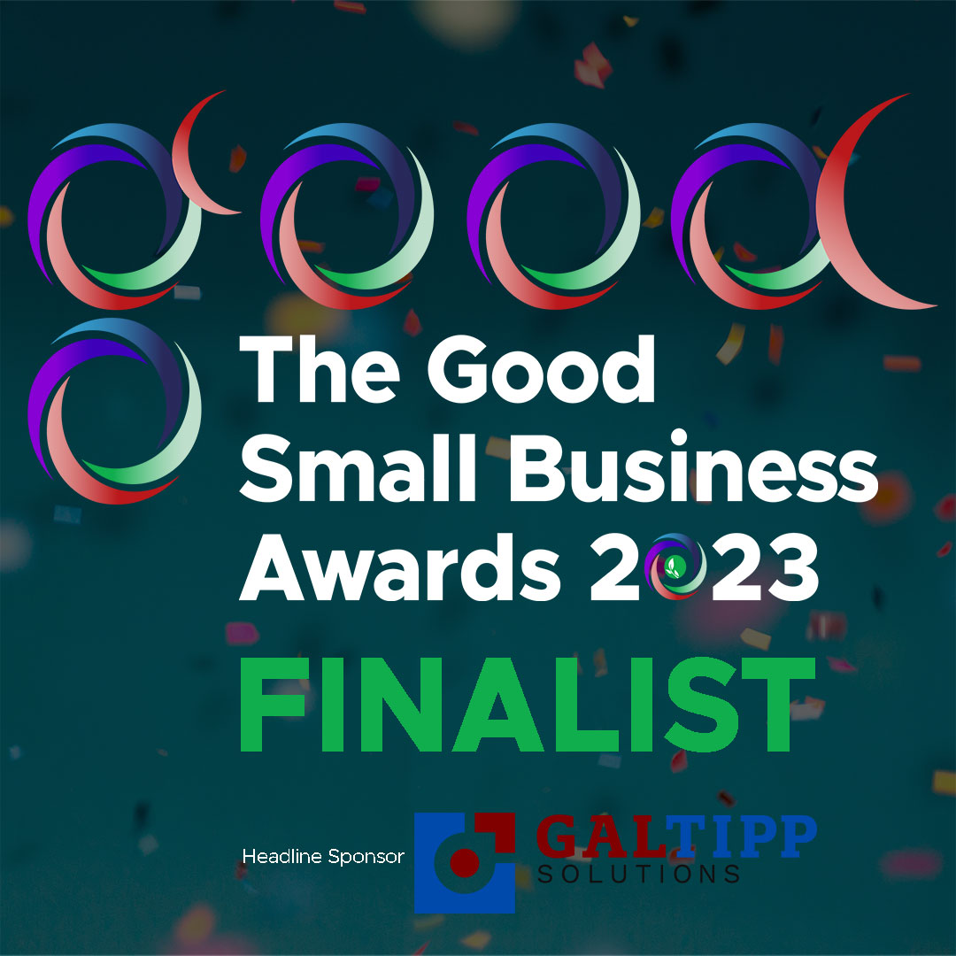 GBC finalist Bnode Ltd 2023. White text on a dark green background with multi-coloured circles above it.