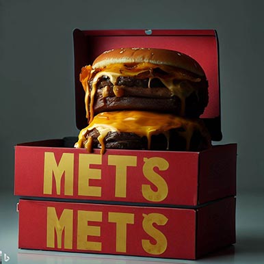 The background is grey and the main image is two, red boxes on top of each other. The top box is open at the top and a large, double stacked, hamburger can be seen. On the front of the 2 boxes it says 'METS' because the AI can not duplicate the word 'MELTS'.
