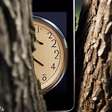 Bing-DAAL-E-creation from text saying - A clock wedged between two tree trunks, close up, shown on a tablet and mobile device
