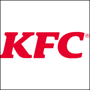 The letters KFC are written in the middle of the image. They are in a bright red, times new roman font and are in italics. The background is white.