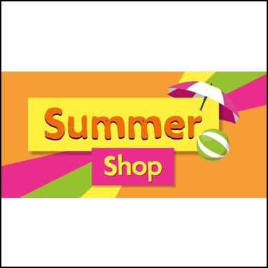 'Summer' is written in the middle, in orange, it is in a comic sans font and on a yellow background. Underneath that is the word 'Shop' which is in yellow, it is in a comic sans font and on a pink background. There is a cartoon image of an umbrella and beach ball on the right of those words and the background is mainly orange with 2 sets of stripes that are yellow, green and pink.
