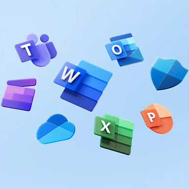 Icons from the Microsoft 365 suite of apps such as Teams, Word, Outlook and more. There are 8 icons all at different angles. The background is light blue.