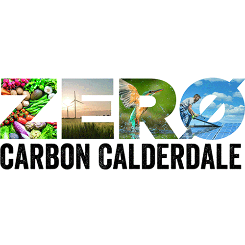 Zero Carbon Calderdale logo. Black text with ZERO written large at he top with renewable energy images in the letters.