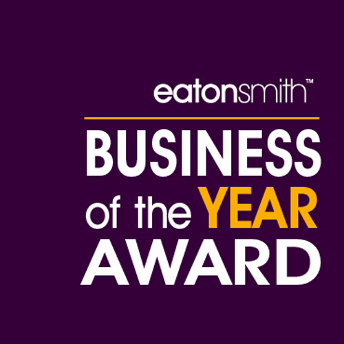 Eaton Smith Business of the Year Awards. White text on a dark purple background, with 'year' written in yellow.